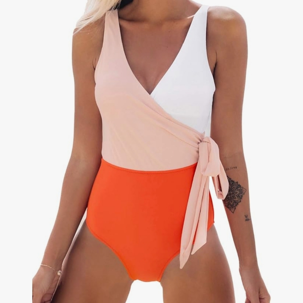 NWT Cupshe Colorblock Wrap Side Tie One Piece Swimsuit Orange Peach White XS
